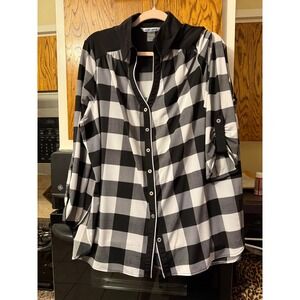 NYGARD‎ Black White Buffalo Plaid Roll Tab Sleeve Shirt Top Women XL TG